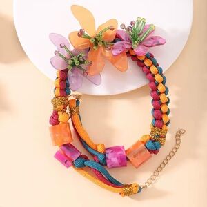 Colorful Multistrand Floral Pendant Necklace - Pink, Orange & Blue